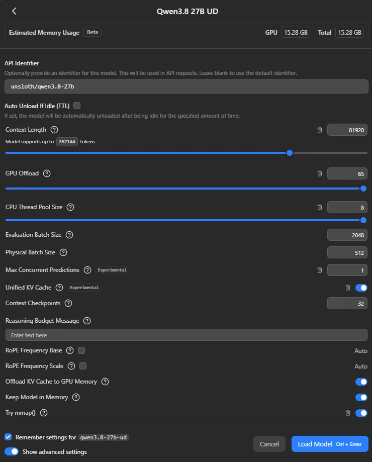 Full LM Studio configuration for Qwen3.8-27B UD-Q3_K_XL with 81920 tokens of context and GPU offload set to 65
