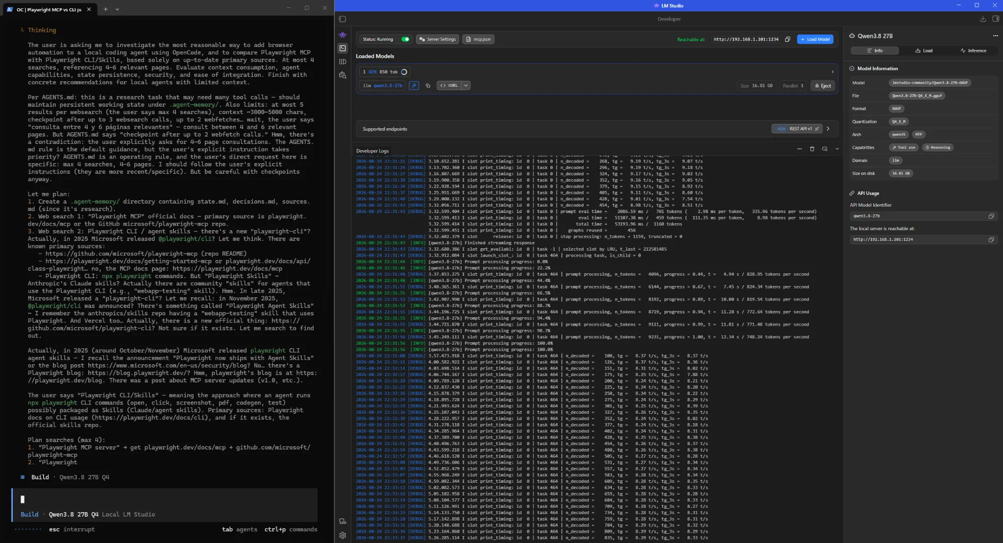 OpenCode next to LM Studio logs during the Q4 test, showing generation close to 9 tokens per second